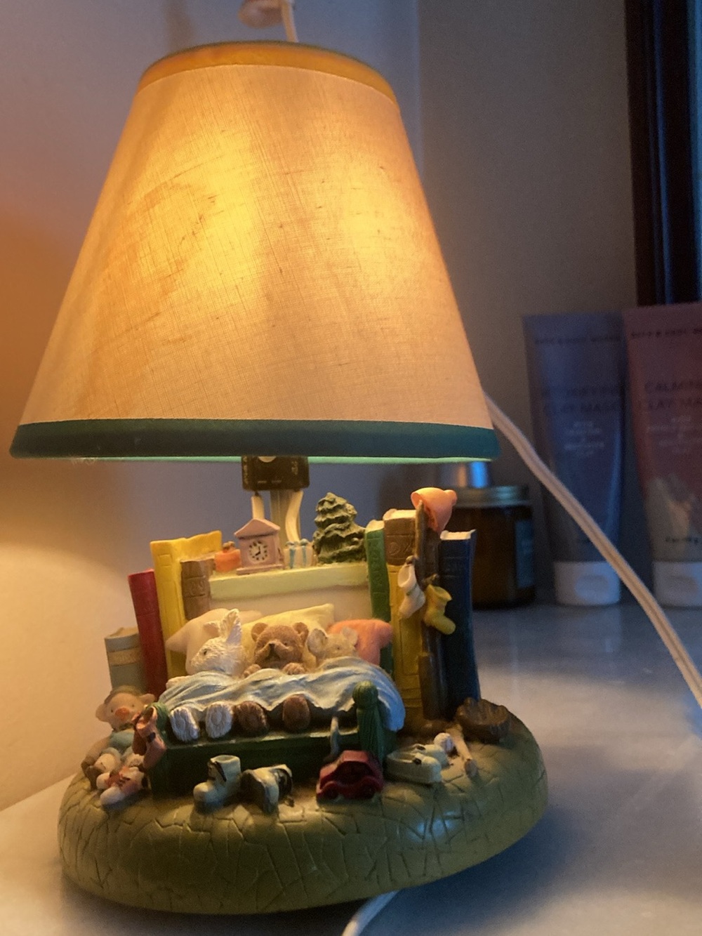 Nursery Storybook Teddy Bear Table Lamp in Green and Beige